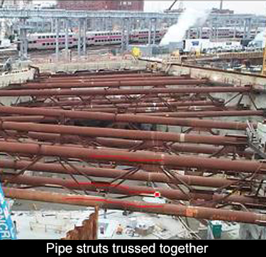 Three heavy pipe struts are joined together to form a truss